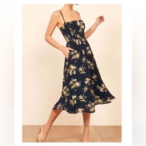 Reformation Rosehip midi length dress in navy floral